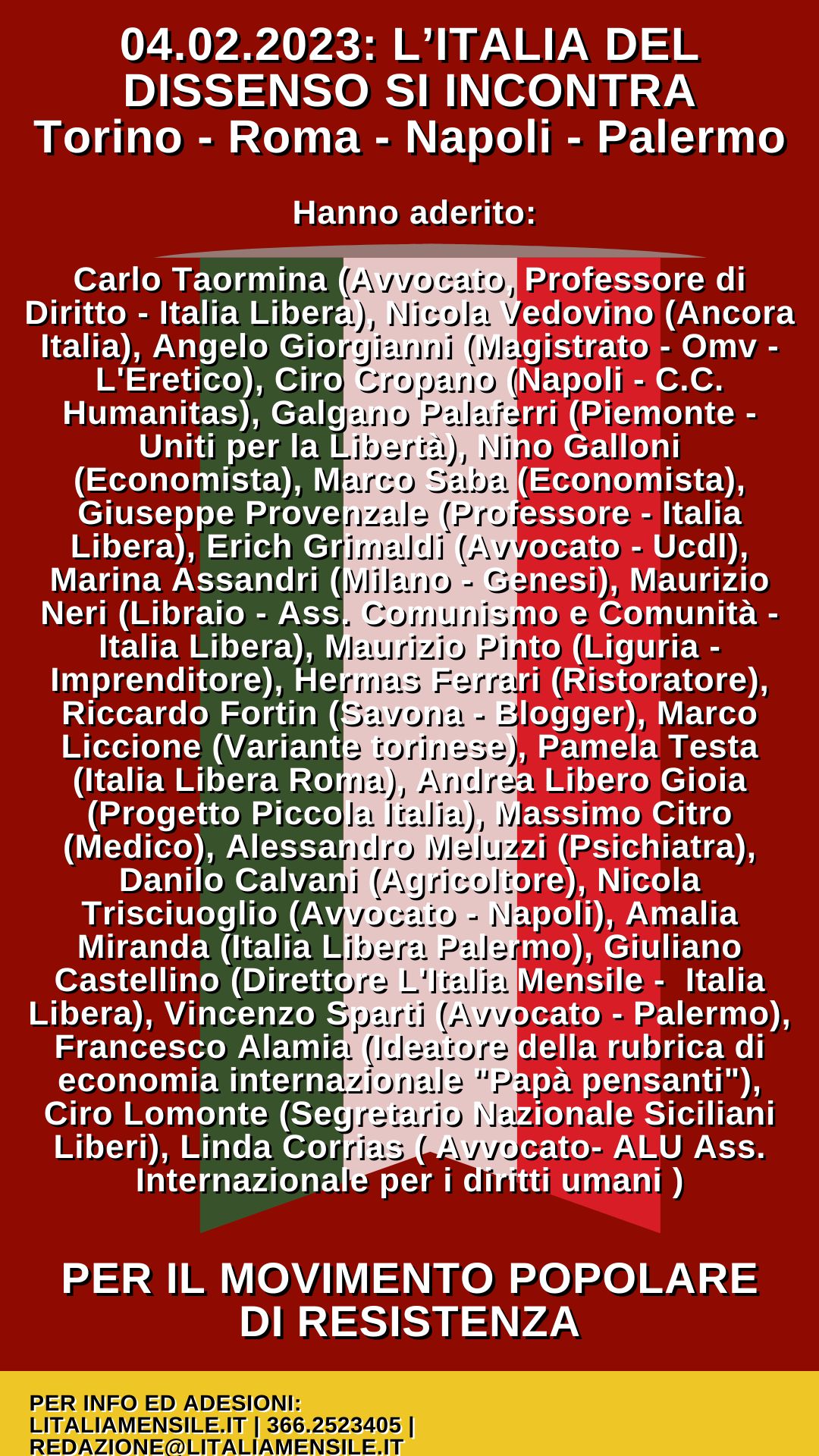 ITALIA LIBERA: SABATO 4 FEBBRAIO PER L’UNITÀ DEL FRONTE DEL DISSENSO