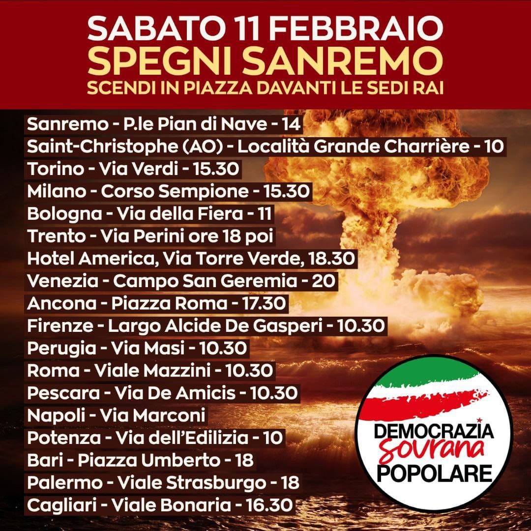 Sabato 11 febbraio ITALIA LIBERA e MOVIMENTO IMPRESE ITALIANE saranno a Sanremo. Dalle 14.30 ci troveremo tutti a Piazza Pian di Nave, a pochi passi dell'Ariston