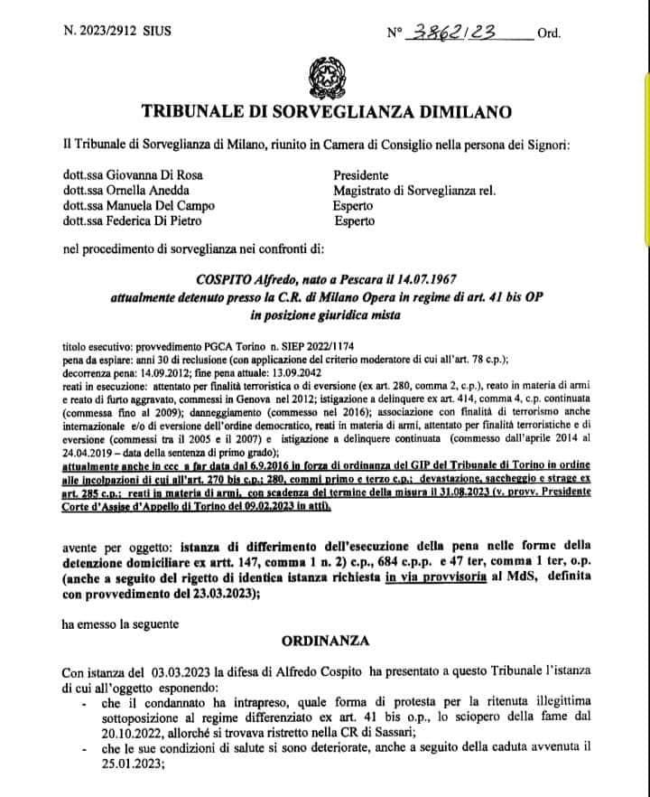 CASTELLINO (ITALIA LIBERA): ALFREDO COSPITO È STATO CONDANNATO A MORTE!