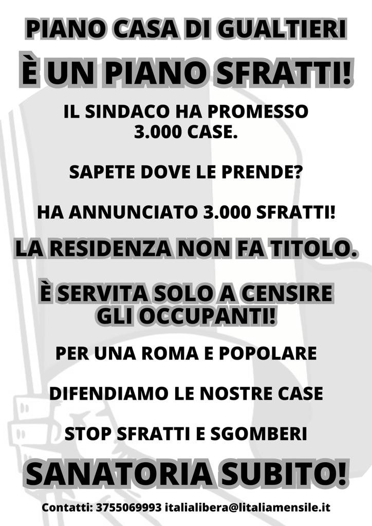 CASTELLINO (ITALIA LIBERA): ANCORA SFRATTI A ROMA! FERMIAMO GUALTIERI