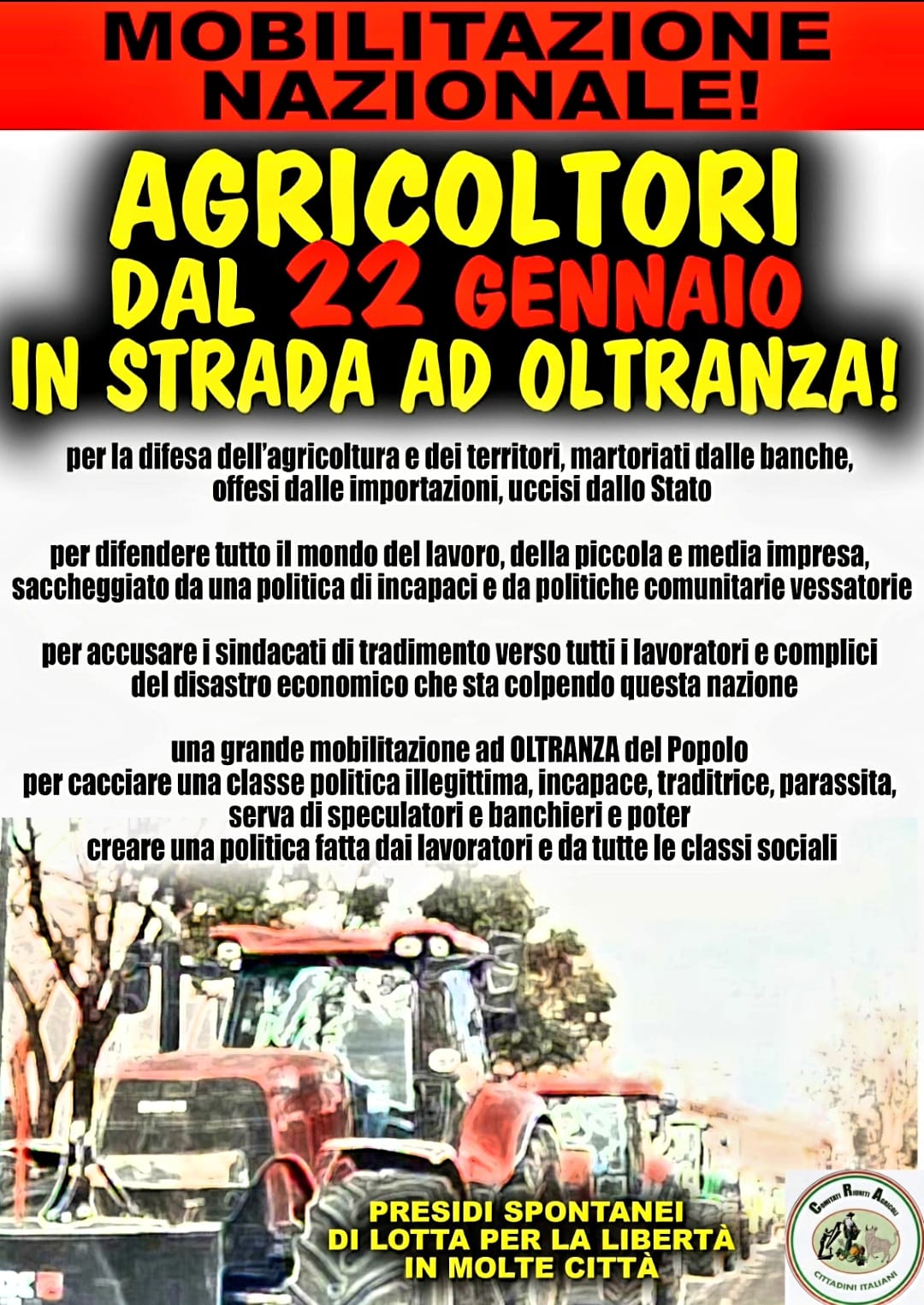 Il 22 gennaio parte la mobilitazione nazionale degli agricoltori italiani